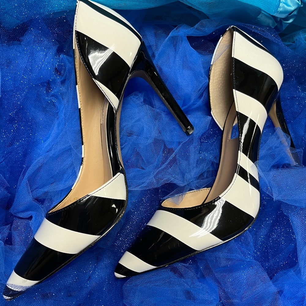 Black and white stripe patent leather high heels